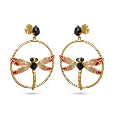 Серьги Стрекоза (эмаль красная, розовая, агат; покрытие матовое золото), Есть комплект