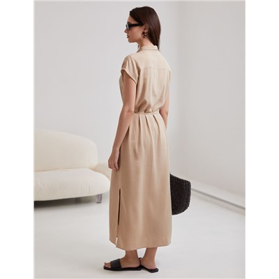 Длинное платье-рубашка с поясом и разрезами изо льна с вискозой