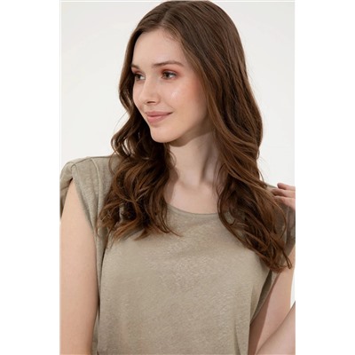 Kadın Haki Bisiklet Yaka Kolsuz Tişört