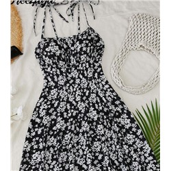 Breezaya Women's Ditsy Floral Ruched Bust Tie-Front Crop Cami Mini Dress