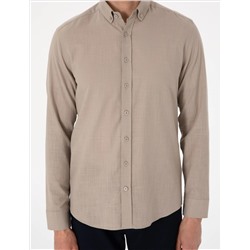 Vizon Keten Görünümlü Slim Fit Uzun Kollu Gömlek