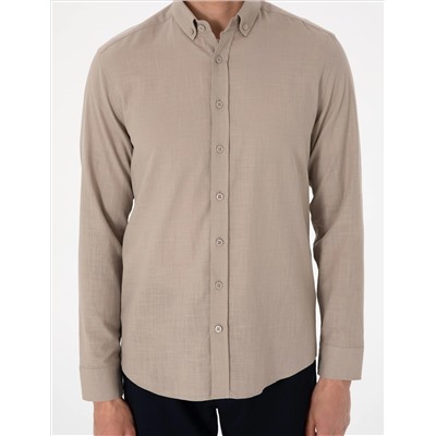 Vizon Keten Görünümlü Slim Fit Uzun Kollu Gömlek