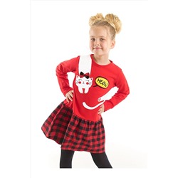 Denokids Beyaz Kedi Kız Çocuk Kırmızı Ekose Elbise CFF-22S1-033