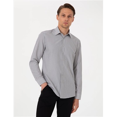 Siyah Slim Fit Çizgili Uzun Kollu Gömlek