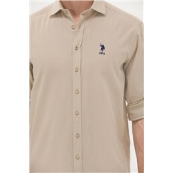 Erkek Haki Keten Görünümlü Basic Gömlek