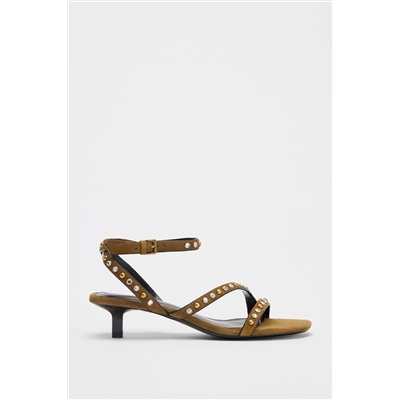 SPLIT SUEDE STUDDED KITTEN HEEL SANDALS