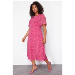 Trendyol Curve Fuşya Hayvan Desen A-line Midi Dokuma Elbise TBBSS23AH00274