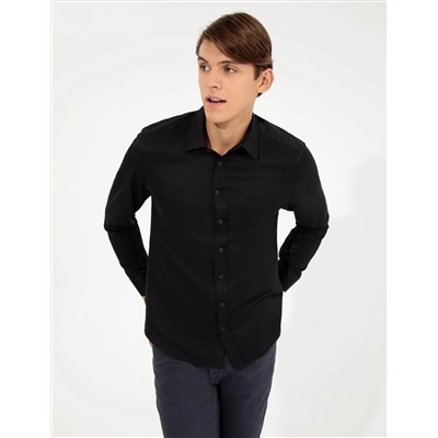 Siyah Slim Fit Armürlü Klasik Gömlek