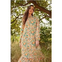 TRENDYOL MODEST Turuncu Çiçekli Yarım Pat Etek Ucu Fırfırlı Astarlı Dokuma Elbise TCTSS21EL3353