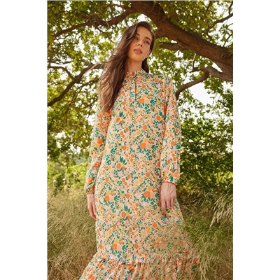 TRENDYOL MODEST Turuncu Çiçekli Yarım Pat Etek Ucu Fırfırlı Astarlı Dokuma Elbise TCTSS21EL3353