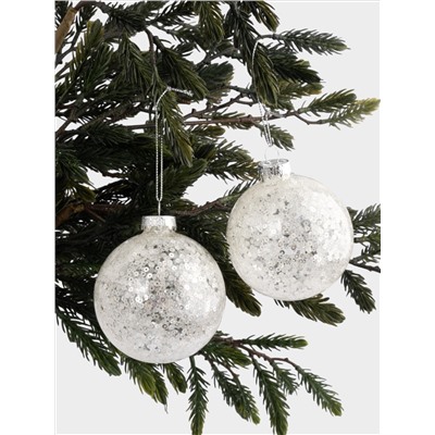 Игрушка елочная, 8 см, 2 шт, стекло/пайетки, серебристая, Шар с узором, New year