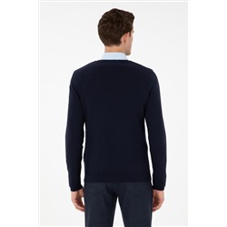 Erkek Slim Fit V Yaka Lacivert Basic Kazak