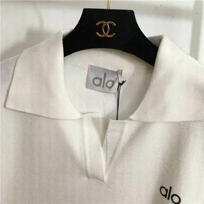 вязаный костюм Alo, пуловер с длинными рукавами и отворотом с логотипом на груди + широкие брюки с высокой талией, черный, белый, синий, серый, кофейный, хаки, 6 цветов, SML, [размер М ] Ширина плеч 63, обхват груди 126, длина рукава 54, длина платья 67, резинка на талии 62, длина 111]