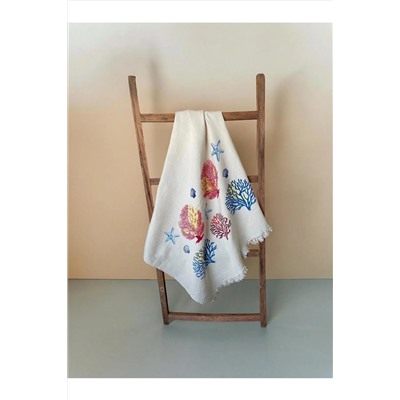 fildastore Deniz Yaşamı Motifi Desenli  %100 Organik Pamuk, Naturel,Müslin,Peştemal, Plaj Havlusu, Pareo