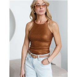 Топ с закрытым декольте из хлопка с эластаном в рубчик с матовым покрытием металлик