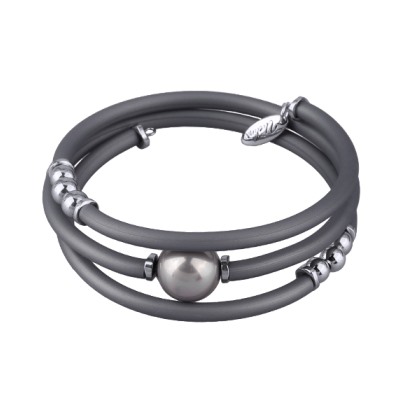 Браслет Гевея (Майорка 14мм серо-голубая, каучук серый; покрытие родий), Есть комплект