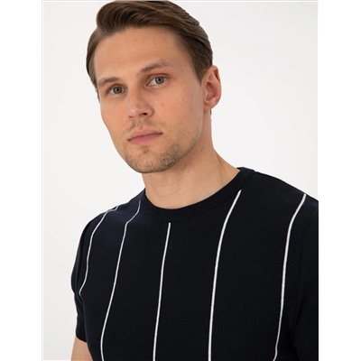 Lacivert Slim Fit  Bisiklet Yaka Çizgili Triko Tişört