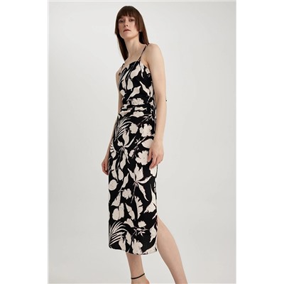 Defacto Bodycon Kare Yaka Floral Keten Karışımlı Askılı Midi Elbise A3320AX23HS
