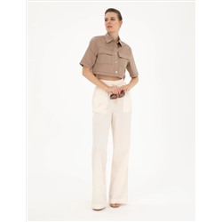 Bej Crop Top Kısa Kollu Gömlek