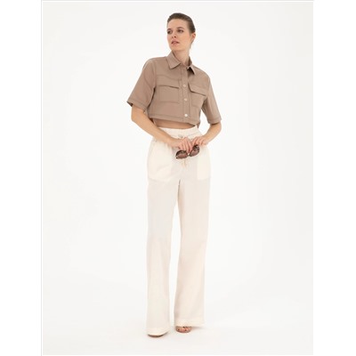 Bej Crop Top Kısa Kollu Gömlek