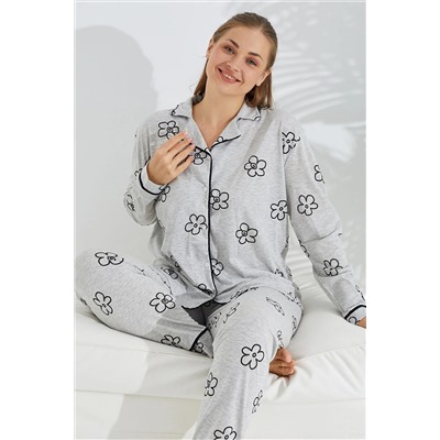 Siyah İnci gri çiçek desen Curve Büyük Beden Battal boy Düğmeli Biyeli Pamuklu Pijama Takımı 7687