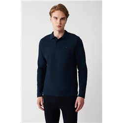 Avva Erkek Lacivert 3 Düğmeli Polo Yaka %100 Pamuk Standart Fit Normal Kesim Sweatshirt E001003