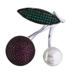 Брошь Вишенка (Майорка белая, фианиты фуксия, зеленые; покрытие родий)