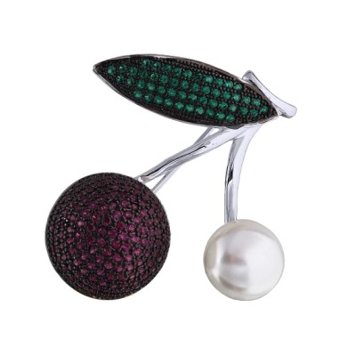 Брошь Вишенка (Майорка белая, фианиты фуксия, зеленые; покрытие родий)