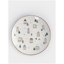 Тарелка закусочная, 19 см, фарфор N, бело-золотистая, Домики и ели, Townlet