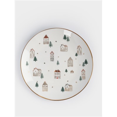 Тарелка закусочная, 19 см, фарфор N, бело-золотистая, Домики и ели, Townlet