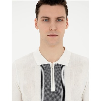 Beyaz Slim Fit Fermuarlı Polo Yaka Triko Tişört