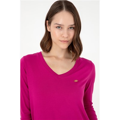Kadın Fuşya V Yaka Sweatshirt