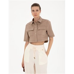 Bej Crop Top Kısa Kollu Gömlek
