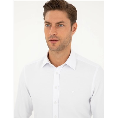 Beyaz Slim Fit Armürlü Uzun Kollu Gömlek