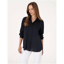 Lacivert Comfort Fit Saten Uzun Kollu Gömlek