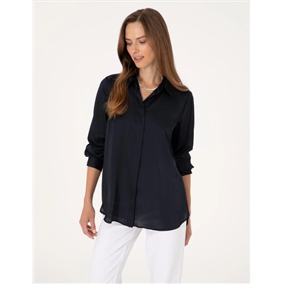 Lacivert Comfort Fit Saten Uzun Kollu Gömlek