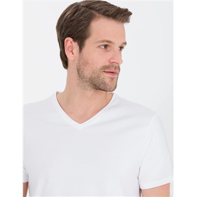 Beyaz Slim Fit V Yaka Basic Tişört