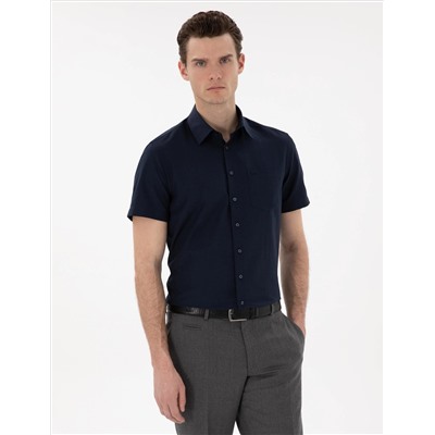 Lacivert Basic Regular Fit Kısa Kollu Cepli Gömlek