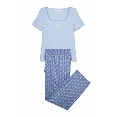 Pijama largo algodón manga corta azul