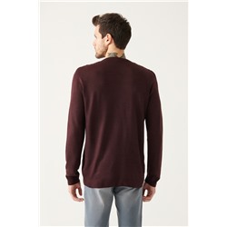 Bordo Bisiklet Yaka Önü Dokulu Regular Fit Triko Kazak