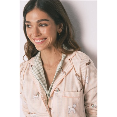 Pijama camisero largo 100% algodón estampado rayas y perritos