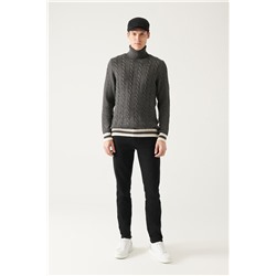 Antrasit Tam Balıkçı Yaka Saç Örgülü Unisex Triko Kazak