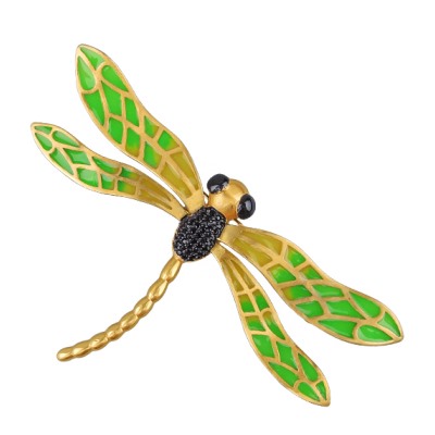Брошь Стрекоза 10см (эмаль зеленая, желтая; покрытие матовое золото), Есть комплект