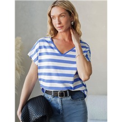 Футболка в полоску с V-вырезом и цельнокроеным рукавом из премиального хлопка