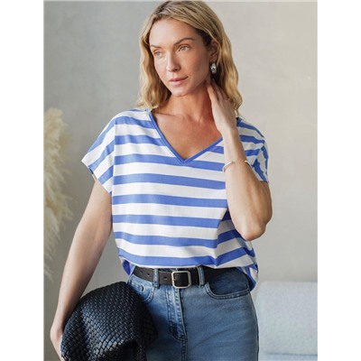 Футболка в полоску с V-вырезом и цельнокроеным рукавом из премиального хлопка