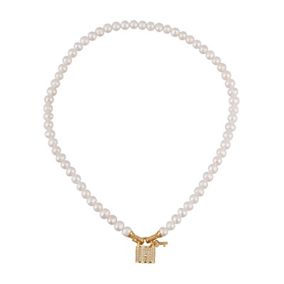 Колье (жемчуг белый 8мм, белый фианит; покрытие золото) 45см, Есть комплект