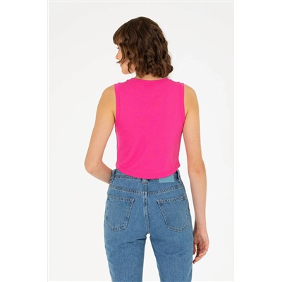 Kadın Fuşya Bisiklet Yaka Crop Basic Tişört