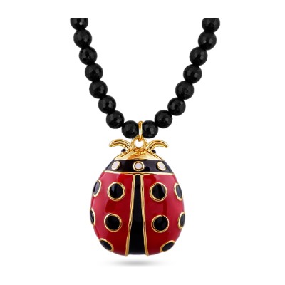 Колье Божья коровка (эмаль красная, черная, агат; покрытие золото) 45-50см, Есть комплект