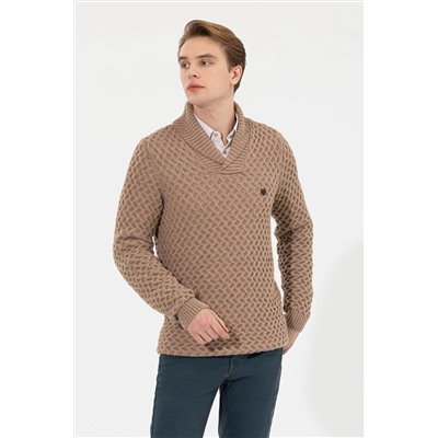 Erkek Camel Melanj Şal Yaka Triko Kazak