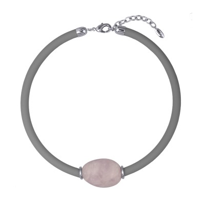 Колье Терра (кварц розовый, каучук серый; покрытие родий) 45-50см, Есть комплект